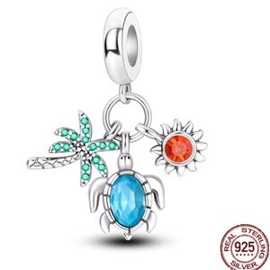 NWOT Palm Tree Blue Crystal Sea Turtle Red Opal Sun Holiday Dangle Charm Silver
